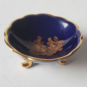 Limoges France Miniature Cobalt Blue Porcelain Trinket Dish 22K Gold Trim